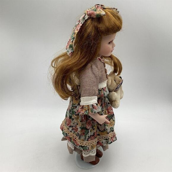 Vintage 16" Porcelain Doll with Teddy Bear & Floral Dress - Picture 6 of 11